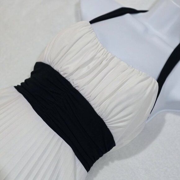 Speechless ✦ White & Black Halter Pleated Dress ✦ Formal Midi w/ Ruched Waist L - Picture 6 of 12
